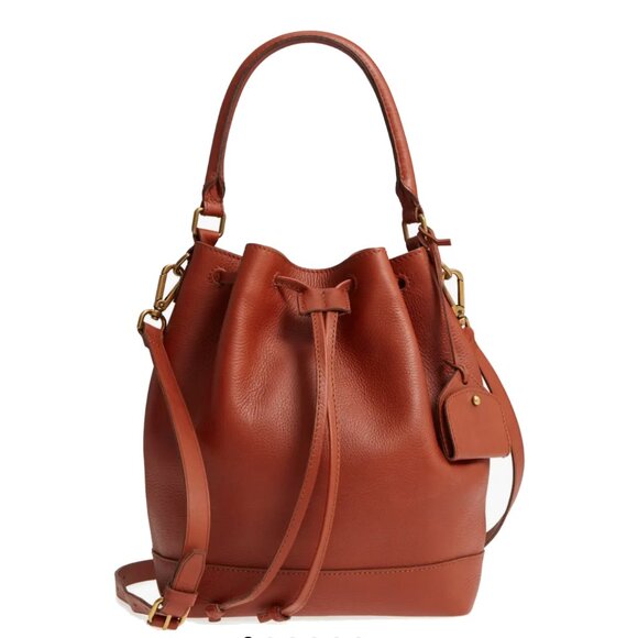 Madewell Lafayette Brown Leather Drawstring Bucket Bag 2 handles - Picture 1 of 11